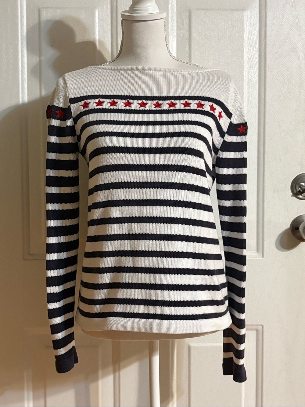 Ann Taylor Navy and White Striped Boatneck Sweater with Red Star Trim size Small